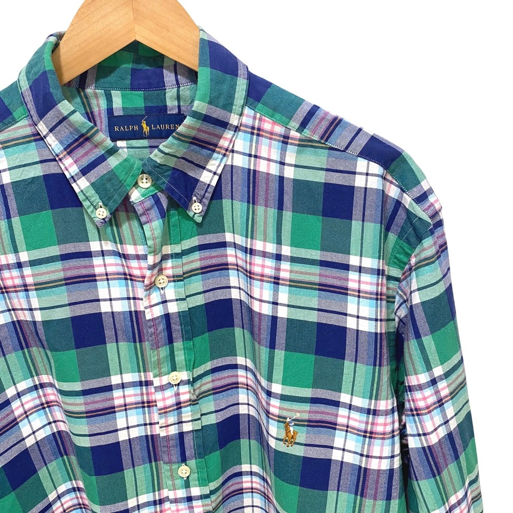 Polo Ralph Lauren Shirt Mens XLT Tall Green Blue Plaid Classic Fit Flesh Pony